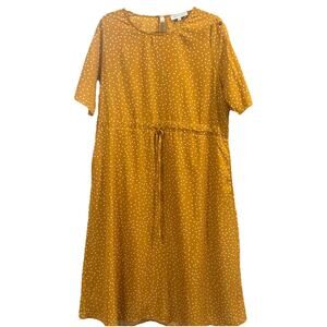 Piper & Scoot Yellow Polka Dot Midi Dress L, Button Tie, Adjustable Waist